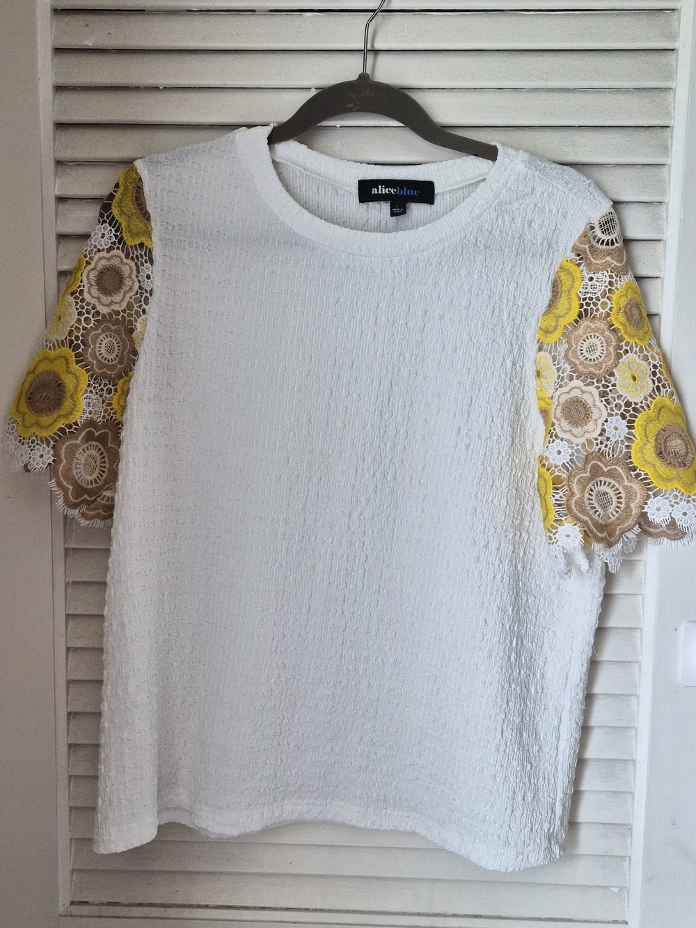 aliceblue White Textured Top with Yellow Crochet Floral Sleeves